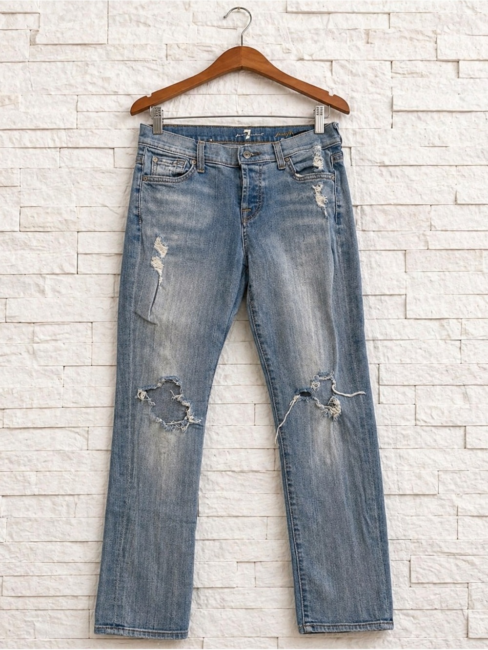 7 For All Mankind Light Blue Distressed Straight Jeans